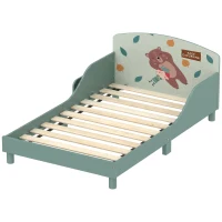 Qaba Toddler Bed with Bedside Storage, Guard Rails, Montessori Bed for Ages 3-8, Fits 132x70x10cm Mattress, Green Bear Print(m-2)