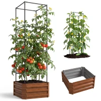 Outsunny Galvanized Planter Box, 24" x 24" x 73.5" Raised Garden Bed with Tomato Cage for Climbing Vines, Brown(m-11)
