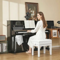 HOMCOM Faux Leather Keyboard Bench, 24.8" Adjustable Piano Bench with Padded Cushion and Storage, White(m-8)