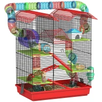 PawHut 18.5" Hamster Cage, 5 Tiers Small Animal House with Tunnel Tube System, Exercise Wheel, Water Bottle, Red(m-9)
