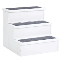 PawHut Pet Steps 3-Step Dog Stairs for Small Dogs Cats and Wooden Ramp with Storage Box Carpet Tread, White(m-2)