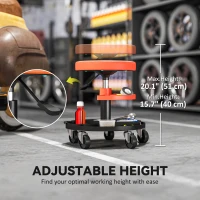 HOMCOM Rolling Garage Stool, 300 LBS Capacity Mechanic Stool with 2.5" Wheels, Tool Trays Storage, Adjustable Height, Orange(m-5)