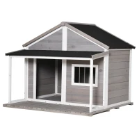 PawHut Outdoor Dog House Cabin Style, Wooden Raised Pet Kennel with Asphalt Roof, Front Door, Side Windows, Deck for Medium/Large Dogs, 53 Lbs., Grey(m-12)