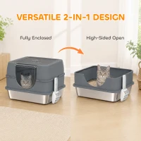 PawHut Stainless Steel Cat Litter Box with Lid, High Sided Enclosed Litter Box with Removable Lid, Tray, Scoop(m-5)