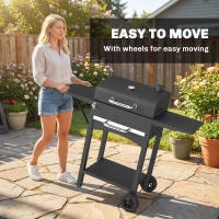 Outsunny Charcoal Grill with 2 Side Tables, Barbecue Grill with Thermometer and Warming Rack, Wheels, 43.3"x18.3"x39.8", Black(m-7)