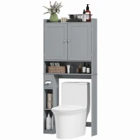 HOMCOM Modern Over The Toilet Storage Shelf with 2 Doors, Above Commode Storage Cabinet with Toilet Paper Holder, Grey(m-2)