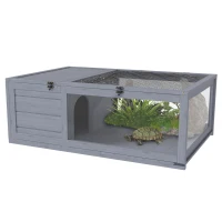 PawHut Wood Tortoise House for Lizards, Geckos, Indoor Outdoor Use, 35.8" x 23.8" x 12.6", Grey(m-2)