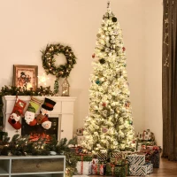 HOMCOM 7.5 Feet Christmas Tree Prelit Artificial Snow Flocked with Warm White LED Light, Holiday Home Xmas Decoration, Green White(m-1)