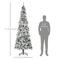 HOMCOM 7.5 Foot Pencil Snow Flocked Artificial Christmas Tree with 950 Pine Realistic Branches, Pine Cones, Red Berries, Auto Open, Green(m-3)
