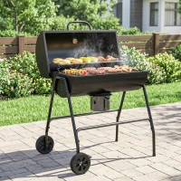 Outsunny Barrel Charcoal BBQ Grill, Barbecue with 420 sq.in. Cooking Area, Wheels, Ash Catcher, Black(m-9)