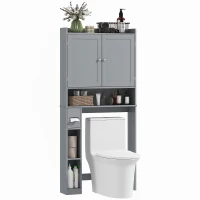 HOMCOM Modern Over The Toilet Storage Shelf with 2 Doors, Above Commode Storage Cabinet with Toilet Paper Holder, Grey(m-9)