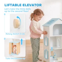Qaba Wooden Doll House with Elevator, 5 Rooms and 13 Furniture Accessories, Pretend Play Toy Gift for Kids Ages 3-6, Blue(m-4)