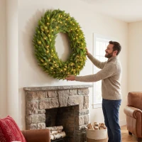 HOMCOM Christmas Decoration, 48 in Pre-Lit Norwegian Spruce Artificial Christmas Wreath with 150 LED Lights, Green(m-8)