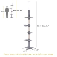 PawHut 8.5ft Cat Climbing Tree 5-Tier Cat Activity Center Floor-to-Ceiling Cat Climber Toy with Scratching Post Play Rest Post Pet Furniture Grey(m-3)