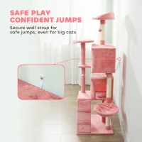 PawHut 63 Inch Cat Tree with Sisal Scratching Posts, Condos, Plush Perches, Hammock, Ladder, Dangling Balls, Pink(m-6)