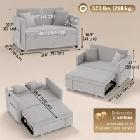 HOMCOM 52" Sofa Bed, Holland Velvet Loveseat Pull Out Sleeper Sofa with USB Ports, Adjustable Backrest, Side Pockets, Grey(m-3)