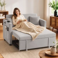 HOMCOM 52" Sofa Bed, Holland Velvet Loveseat Pull Out Sleeper Sofa with USB Ports, Adjustable Backrest, Side Pockets, Grey(m-1)