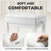 HOMCOM Faux Leather Keyboard Bench, 24.8" Adjustable Piano Bench with Padded Cushion and Storage, White(m-6)