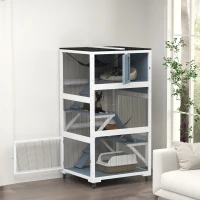 PawHut 34" L Catio Outdoor Cat Enclosure on Wheels with Hammock Multiple Platforms Resting Condo Ramps for 1-3 Cats, Light Grey(m-1)