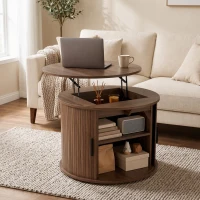 HOMCOM Lift Top Coffee Table, Modern Fluted Round Coffee Table with Layered Storage and Tambour Sliding Door, Walnut Brown(m-8)