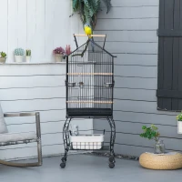 PawHut Bird Cage 57 Inch Flight Cage for Cockatiel, Conure with Rolling Stand, Pull Out Tray, Storage Shelf, Open Top(m-8)