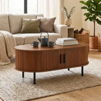 HOMCOM Coffee Table with Sliding Tambour Doors and Storage Center Table with Metal Legs, 39", Brown(m-8)