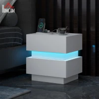 HOMCOM Bedside Table with Charging Station and LED Light Modern Nightstand with USB Ports AC Outlets Drawers Remote, White(m-1)