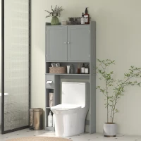 HOMCOM Modern Over The Toilet Storage Shelf with 2 Doors, Above Commode Storage Cabinet with Toilet Paper Holder, Grey(m-8)