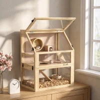 PawHut Wooden Hamster Cage, 3 Tier Gerbil Cage with Deep Bottom, Hut, Seesaw, Exercise Wheel, Ramps, 24" x 16" x 29.5"(m-1)