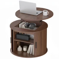 HOMCOM Lift Top Coffee Table, Modern Fluted Round Coffee Table with Layered Storage and Tambour Sliding Door, Walnut Brown(m-2)
