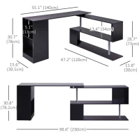 HOMCOM 55" Corner Computer Desk, 360° Rotating L-Shaped Desk, Home Office Workstation with 3-Tier Shelves, Bookshelf, Black(m-3)