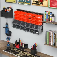 DURHAND Wall Mounted Storage Bin Rack Tool Organizer with 30 Bins, Pegboard for Garage Workshops Red(m-1)
