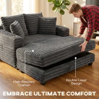 HOMCOM 60" Chaise Lounge Chair, Oversized Upholstered Sofa Bed with Cup Holders & Pillows, Sleeper Couch for Living Room, Grey(m-4)