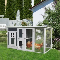 PawHut 63" Chicken Coop Wooden Hen House Rabbit Hutch Poultry Cage Pen Outdoor Backyard with Nesting Box and Run Small Animal Cage PC Roof Grey(m-8)