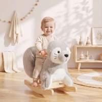 Qaba Baby Rocking Horse, Plush Seal Ride-On Toy for Toddlers 12-36 Months, Kids Animal Rocker with Sounds, Grey(m-8)