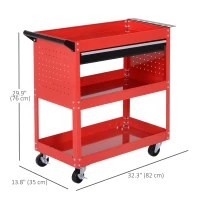 HOMCOM Tool Cart on Wheels, Utility Cart with Wheels, Ball Bearing Drawer, Storage Trays for Garage, Warehouse, Workshop, Red(m-3)