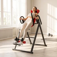 Soozier Heavy Duty Inversion Table with Protective Belt, Adjustable Folding Back Stretcher Machine with Headrest, Red(m-8)