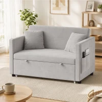 HOMCOM 52" Sofa Bed, Holland Velvet Loveseat Pull Out Sleeper Sofa with USB Ports, Adjustable Backrest, Side Pockets, Grey(m-8)