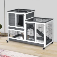PawHut Wooden Rabbit Hutch, Indoor Bunny Cage with Wheels, Pull Out Trays, Run, Grey(m-8)