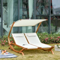 Outsunny Wooden Outdoor Double Chaise Lounge, Patio Loveseat Tanning Chair with Adjustable Canopy Shade, 3-Level Backrest, Removable Pillows for 2 People for Poolside, Beige(m-1)