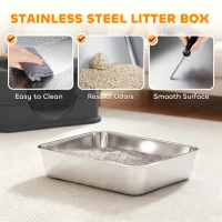 PawHut Stainless Steel Cat Litter Box with Lid, High Sided Enclosed Litter Box with Removable Lid, Tray, Scoop(m-6)