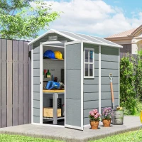 Outsunny 4' x 6' Outdoor Storage Shed, Plastic Shed with Floor, Window, Lockable Door and Vents for Outdoor Patio Storage, Gray(m-10)