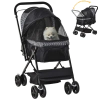 PawHut Foldable Cat Dog Travel Carriage, 4 Wheels Pet Stroller with EVA Wheel Brake, 3-stage Canopy, Mesh Window Door, Black(m-9)