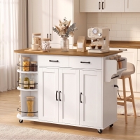 HOMCOM 53" Kitchen Island with Power Outlet and Drop Leaf, Kitchen Cart on Wheels with 360° Rotating Rack, White
