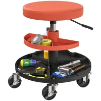 HOMCOM Rolling Garage Stool, 300 LBS Capacity Mechanic Stool with 2.5" Wheels, Tool Trays Storage, Adjustable Height, Orange(m-9)