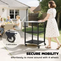 Outsunny Outdoor Grill Cart, Pizza Oven Stand with Stainless Steel Top, 3-Tier Rolling Kitchen Prep Station with Wheels, Black(m-6)