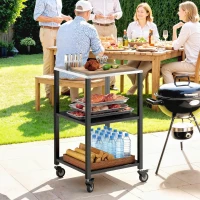 Outsunny Outdoor Grill Cart, Pizza Oven Stand with Stainless Steel Top, 3-Tier Rolling Kitchen Prep Station with Wheels, Black(m-8)
