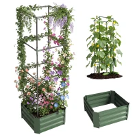Outsunny Galvanized Planter Box, 24" x 24" x 73.5" Raised Garden Bed with Tomato Cage for Climbing Vines, Green(m-1)