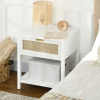 HOMCOM Boho Nightstand, Bedside Table with Rattan Drawer and Open Shelf, Side End Table for Bedroom, Living Room(m-9)