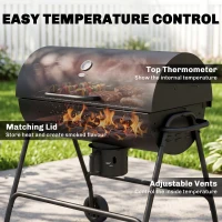 Outsunny Barrel Charcoal BBQ Smoker, Barbecue with 420 sq.in. Cooking Area, Wheels, Ash Catcher, Black(m-5)